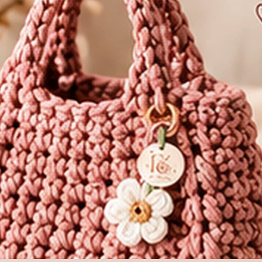 Rose crochet tote bag with a white flower charm