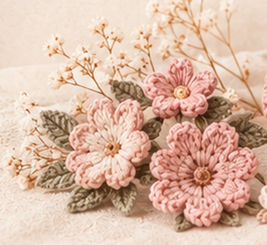 Pink crochet flowers with green leaves