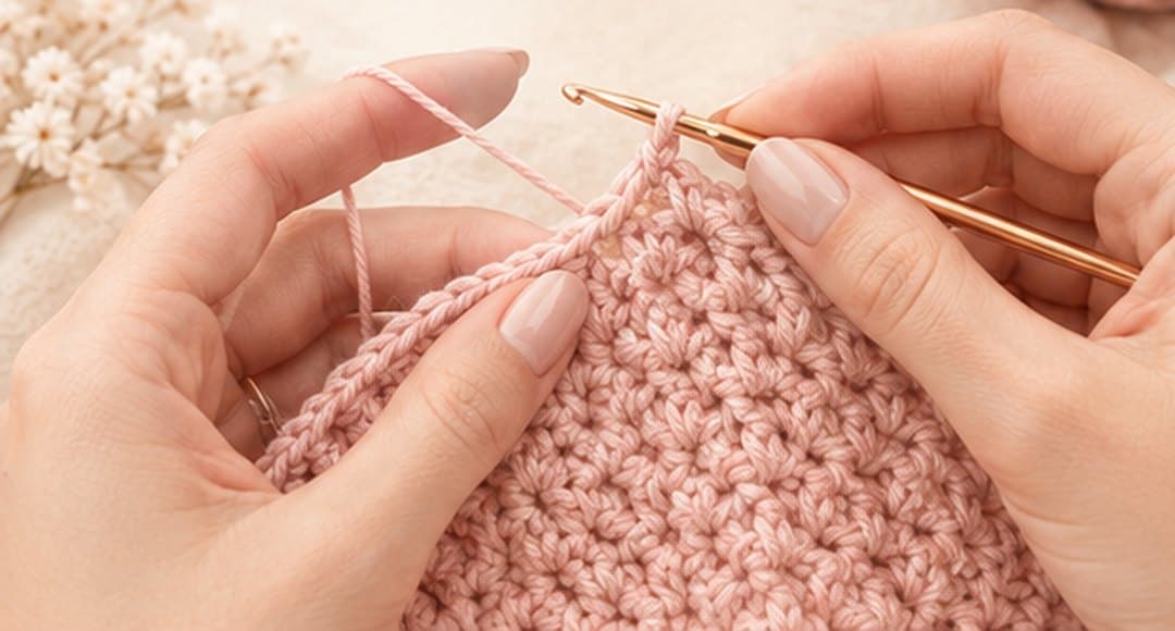 Hands crocheting dusty-pink yarn with a gold hook
